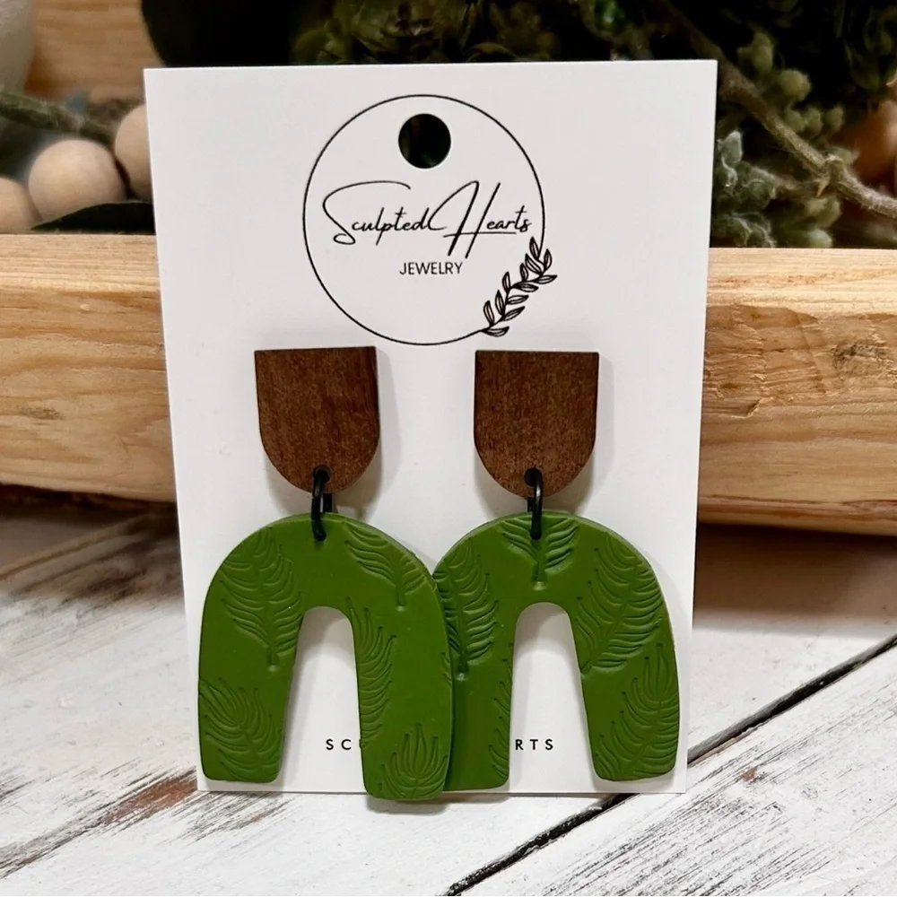 Handmade Sculpted Hearts Polymer Clay & Wood dangle Earrings. New